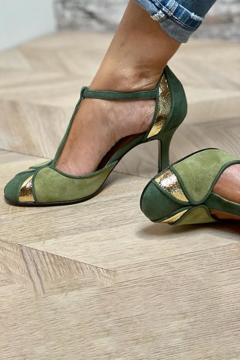 Alona™ | Elegante décolleté patchwork con cinturino a T e punta chiusa per uno stile raffinato